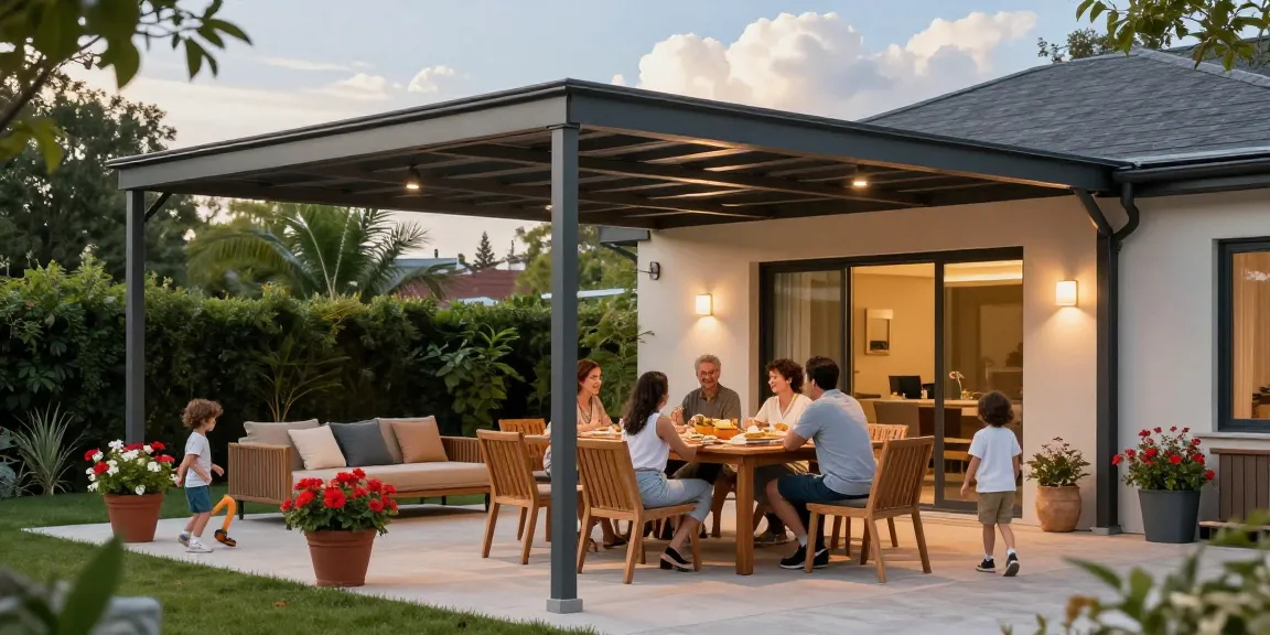 Stylische Terrassenüberdachungen für eine einladende Gartenatmosphäre mit Familie.