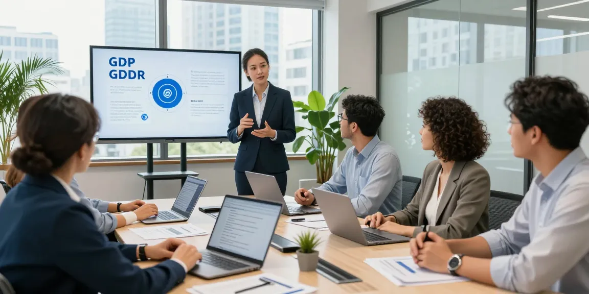 Engaging team discussing Datenschutz Dienstleistung in a modern office setting, emphasizing data protection and compliance.