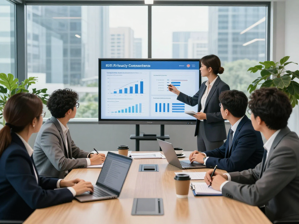 Professionelles Team bespricht Datenschutz Dienstleistungen in einem modernen Konferenzraum.