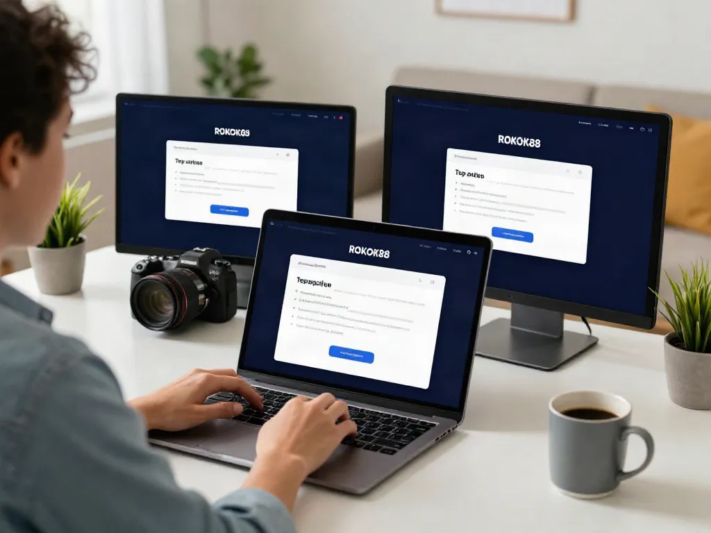 Engaging ROKOK88 top-up interface with user at a desk in a modern home office setup.
