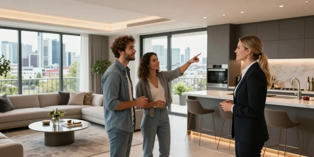 Bester Immobilienmakler Frankfurt präsentiert eine moderne Immobilienbesichtigung für interessierte Käufer.