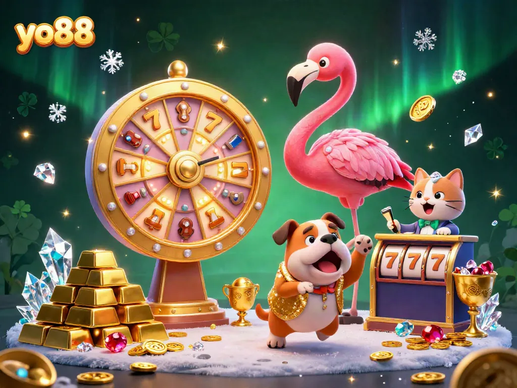 Spin and win with yo88 at an exciting casino game show featuring vibrant characters and sparkling prizes.