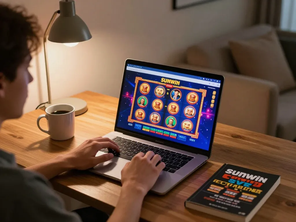 Online casino player on Sunwin app, enjoying gameplay in cozy home setup