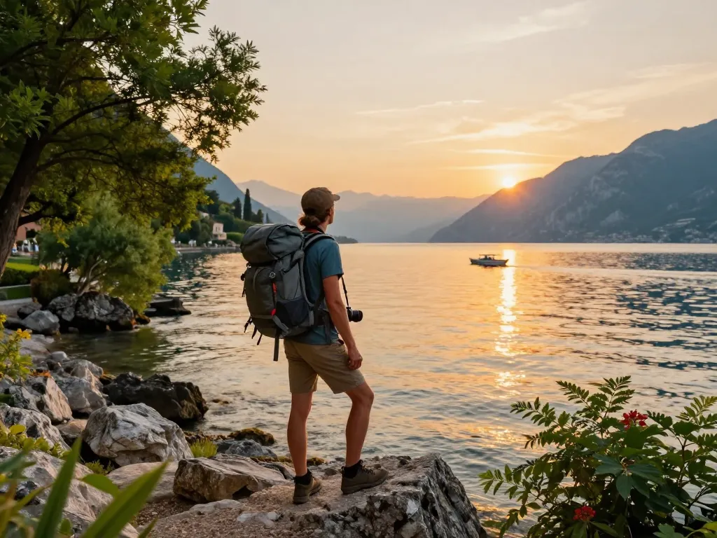 Gardasee Reisetipps: Reisender am Gardasee während des Sonnenuntergangs mit Rucksack, Kamera und atemberaubender Seenlandschaft.