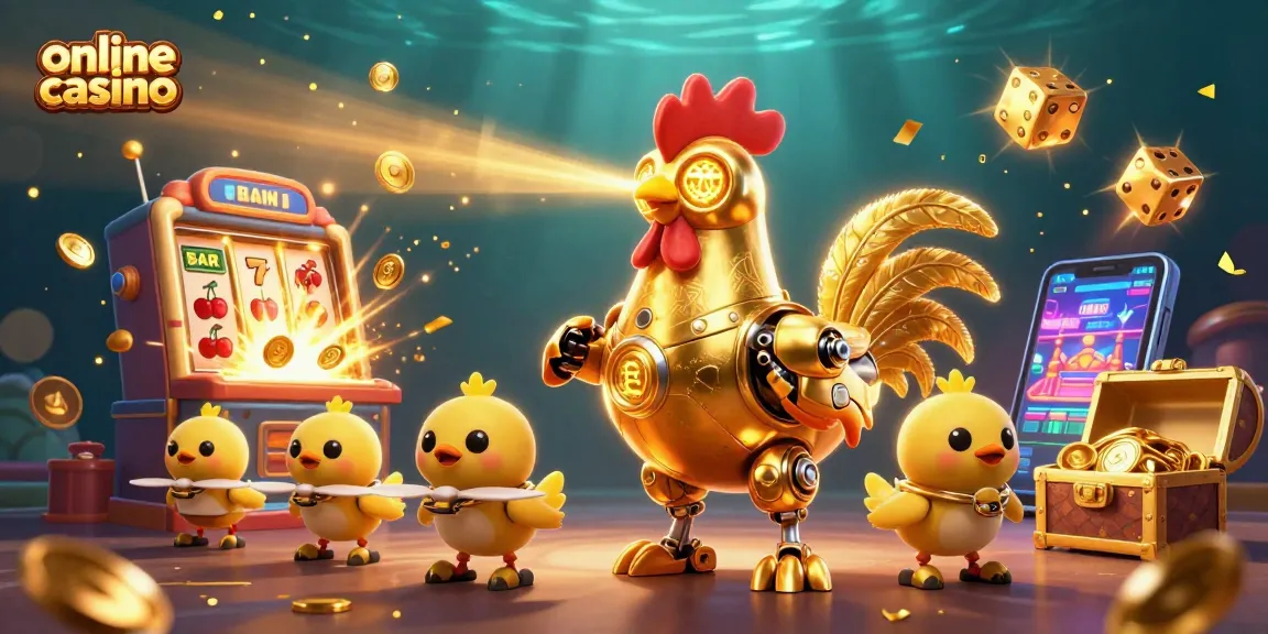 Experience online casino excitement with a dazzling golden rooster robot and slot machine.