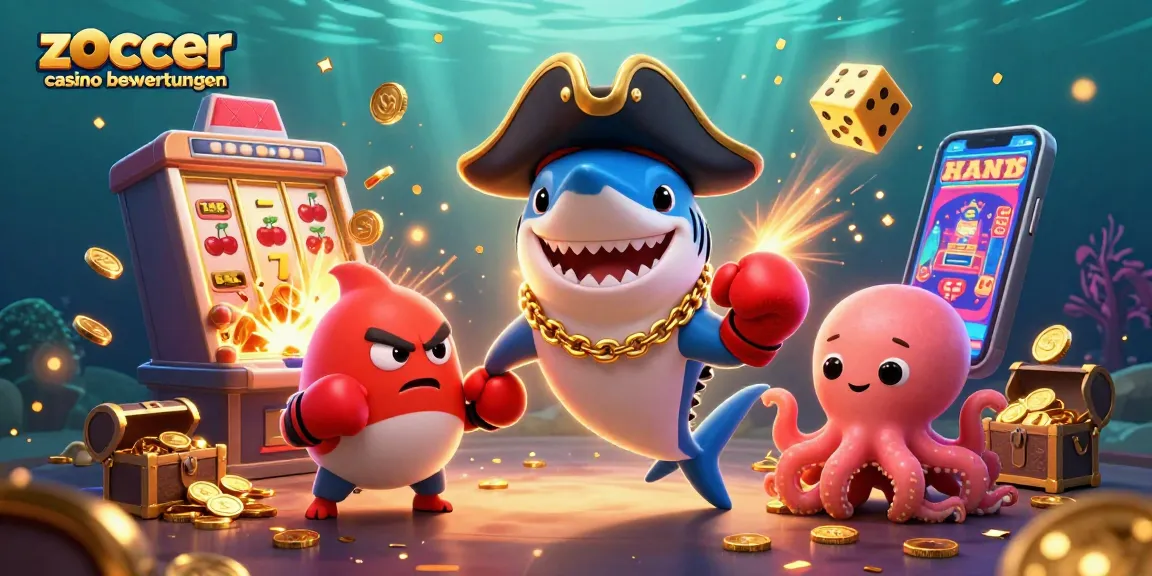 Engaging zoccer casino bewertungen scene with a pirate shark, pufferfish, and octopus celebrating casino wins.