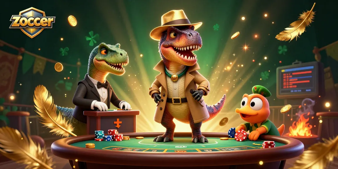 Zoccer gameplay with a velociraptor card counter at a blackjack table amidst rich casino elements.