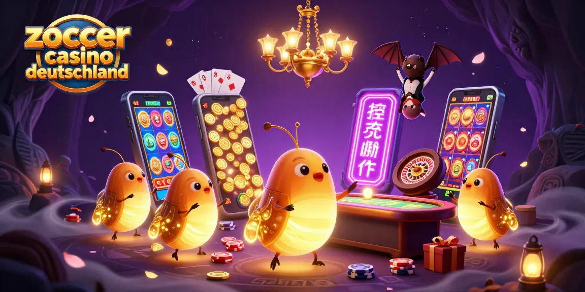 Gewinne aufregende Momente im Zoccer Casino Deutschland mit glühenden Käfern und bunten Spielautomaten.